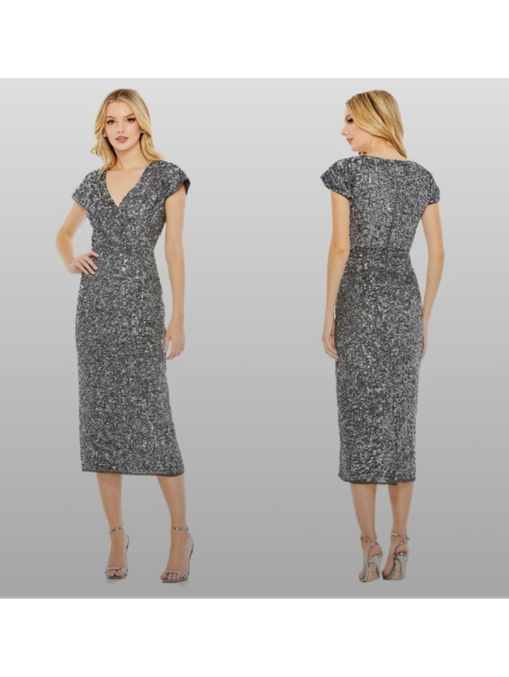 NWT Mac Duggal Platinum Grey Sequin Midi Short sleeve Dress 10766 Size 12